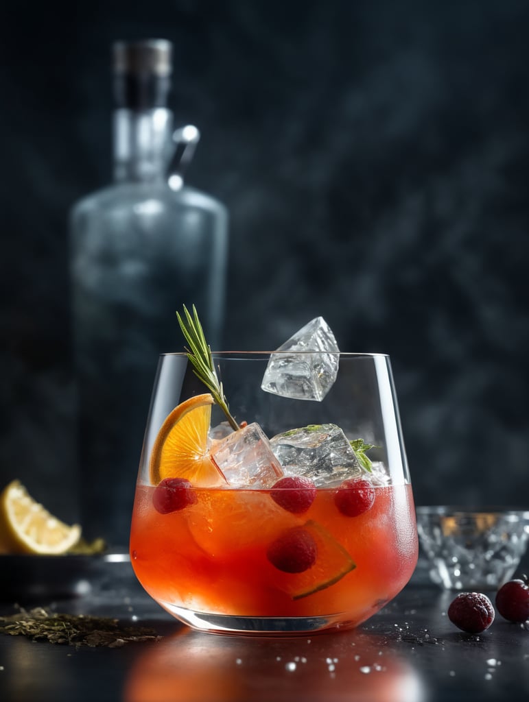gin cocktail with a dried slice of fruit, professional food photography, depth of field, fantastical