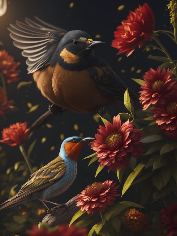 Premium Free ai Images | flowers and birds deep color sharp on details ...
