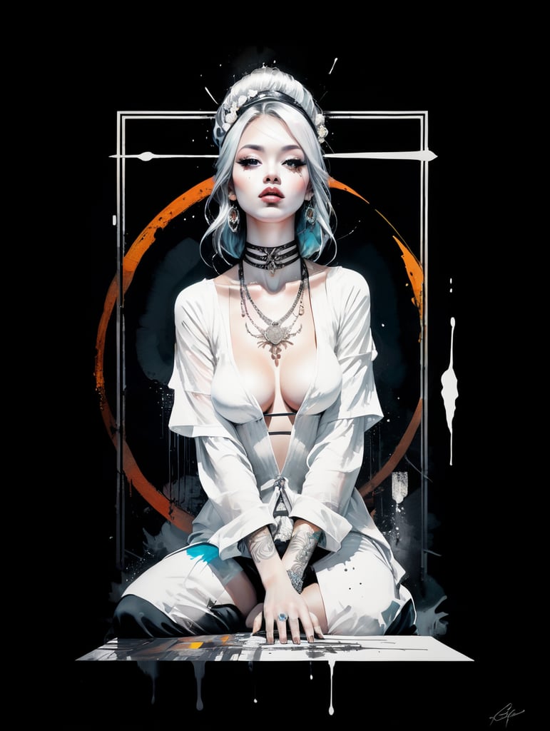 Premium Free ai Images | occult styled artwork in black and white sexy girl  in suggestive pose high contrast with decorative elements archaic letters  are scrawled in the background