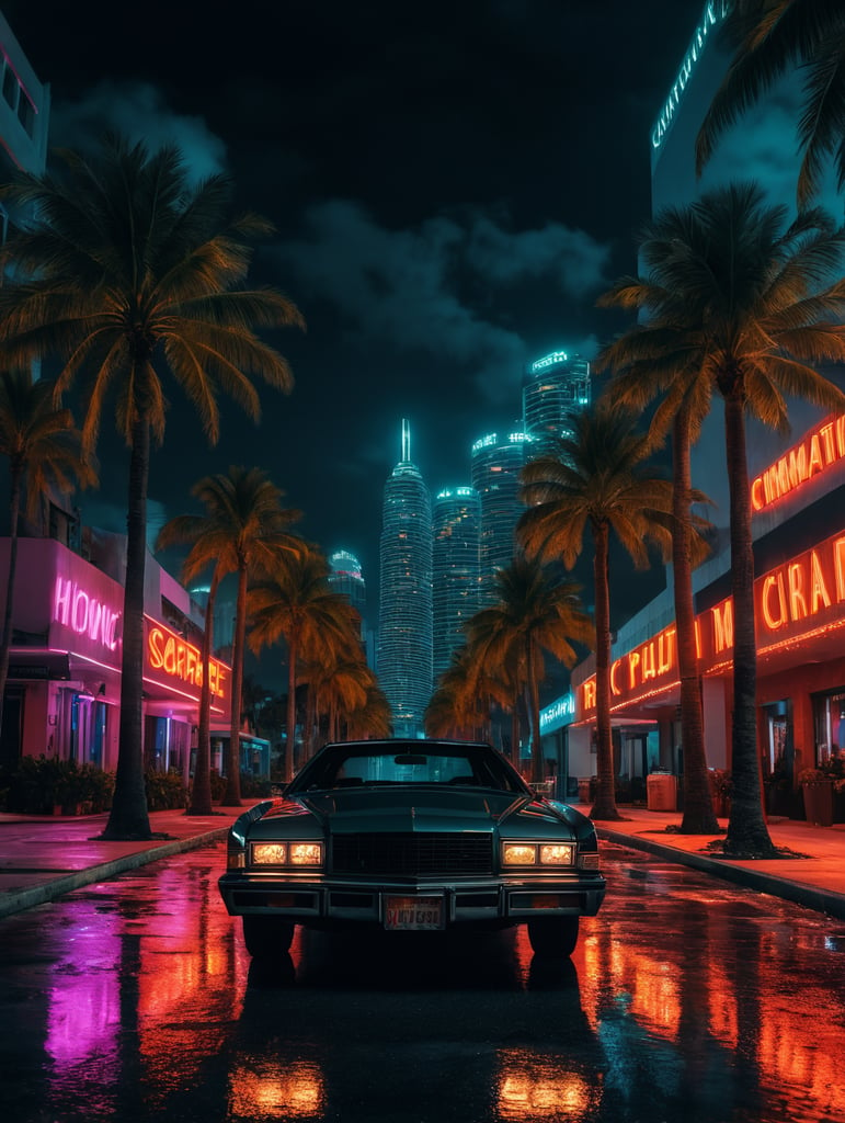Premium Free ai Images | scarface downtown miami palm trees neon lights