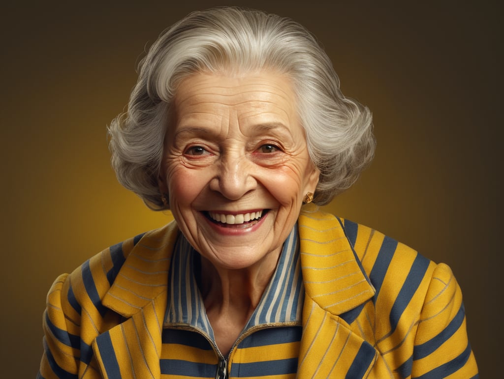 Smiling and cheerful old lady in a striped jacket on an isolated yellow background