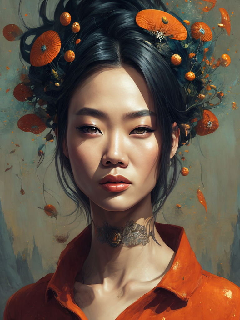 Pretty chinese model with hallucination mushroom, by martine johanna and simon stalenhag and chie yoshii and casey weldon and wlop, ornate, dynamic, particulate, rich colors, intricate, elegant, highly detailed, vogue, harper's bazaar art, fashion magazine, smooth, sharp focus