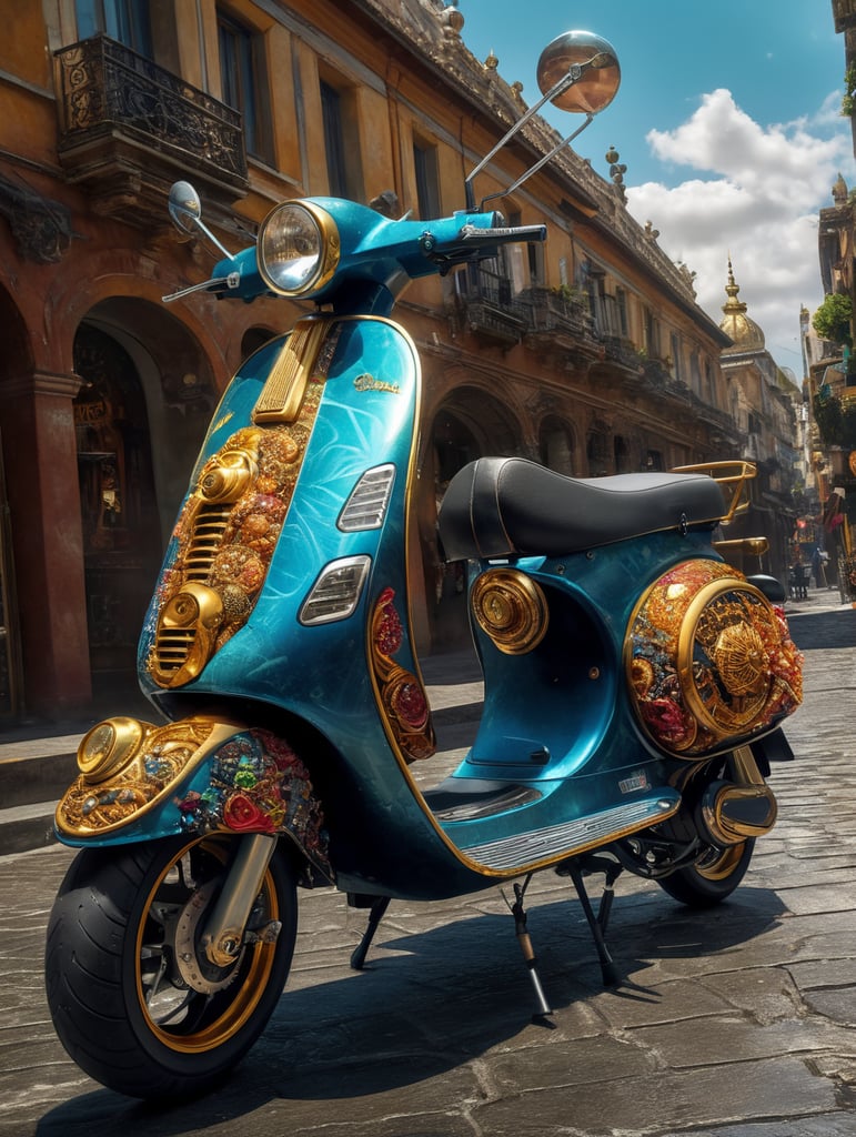A stunning interpretation of Vespa extreme scooter, made of jellyfish, advertsiement, solarpunk, highly detailed and intricate, golden ratio, very colorful, hypermaximalist, ornate, luxury