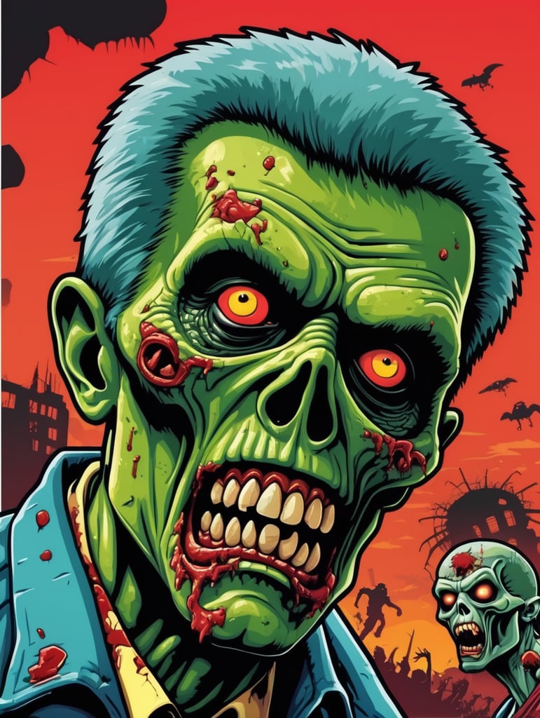 Pop art illustration, cut-out sticker design, zombie vs aliens