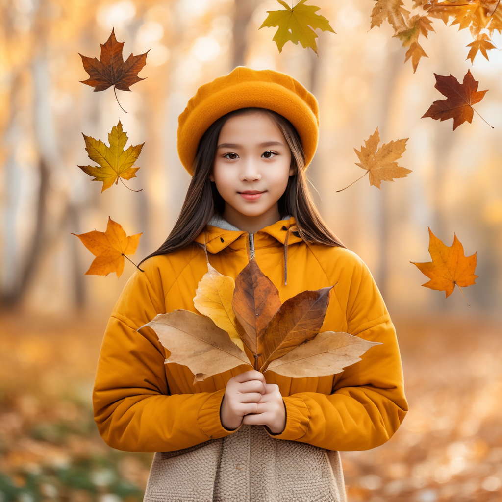 A girl holding autumn leaves and also leaves are falls in background