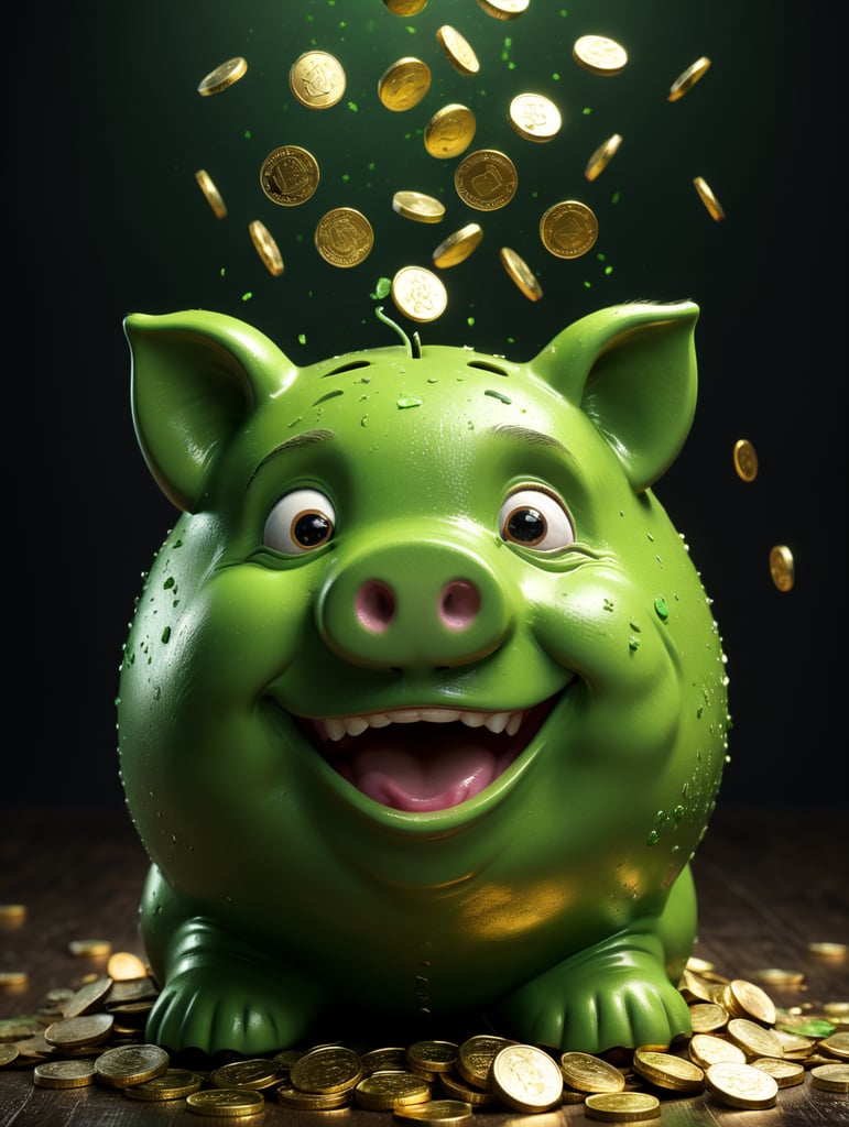 Premium Free ai Images | green piggy bank smiling with falling coins