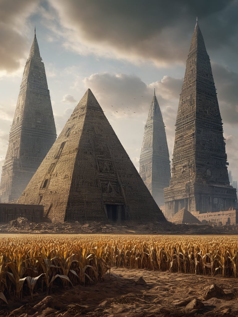 skyscrapers, corn, pyramids, a deserted field