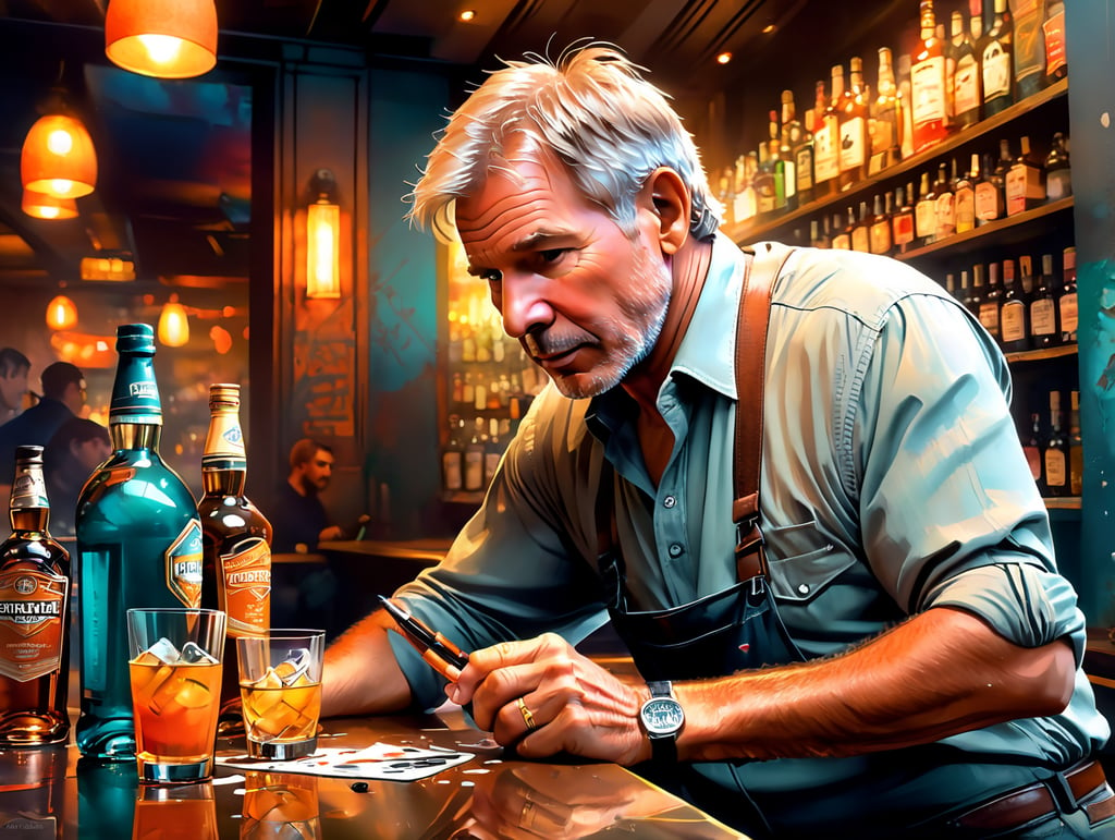 Harrison Ford down on his luck drinking scotch in a sleazy bar