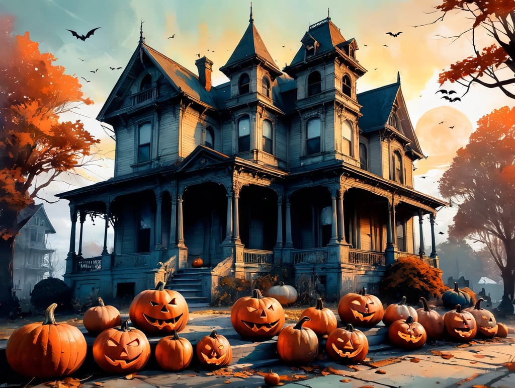 Spooky Halloween scene with a large, dilapidated Victorian mansion with a tower and a porch, lit from within, and several carved pumpkins with scary faces in the foreground.