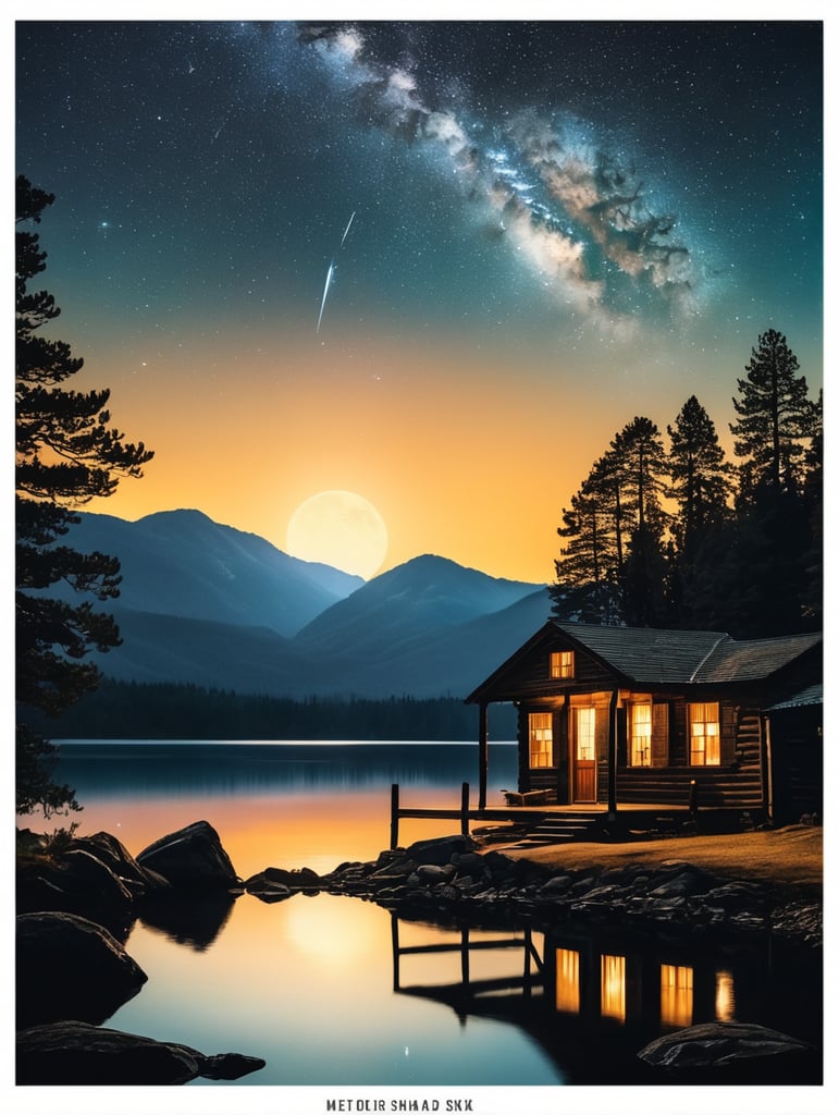 A vintage-style movie poster for "Chasing Shadows," featuring a night sky filled with stars as the backdrop. In the foreground, there's a serene moonlit lake, reflecting the starry night. On the lake's edge, there's an old cabin, warmly illuminated from within. The focal point of the poster is a celestial phenomenon—a bright, fiery comet, meteor, or fireball streaking across the sky, capturing the moment of impact.