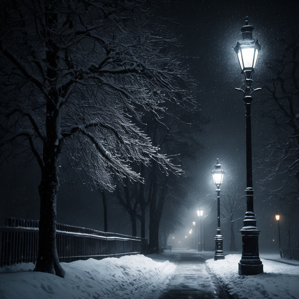 lamp post in the dark black night, snowing heavily, dark vignette, winter night, dark tones,