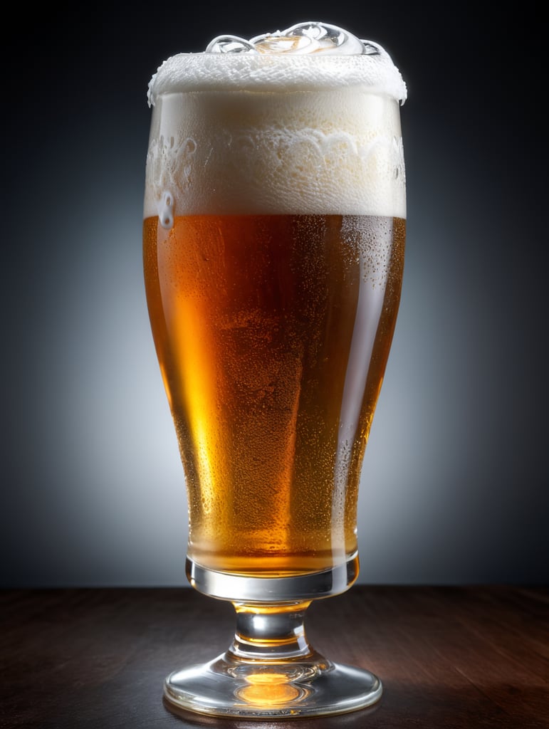 stunning interpretation of one pint of beer, beer swirl inside glass, one inch of white foam on top, transparent beer, frozen glass, advertisement, highly detailed