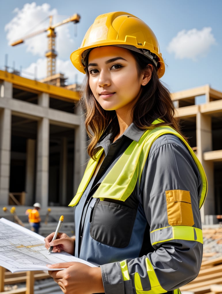 Estudiante femenino de ingeniería civil con un plano en mano y uniforme gris, con casco amarillo señalando a un edificio en construcción