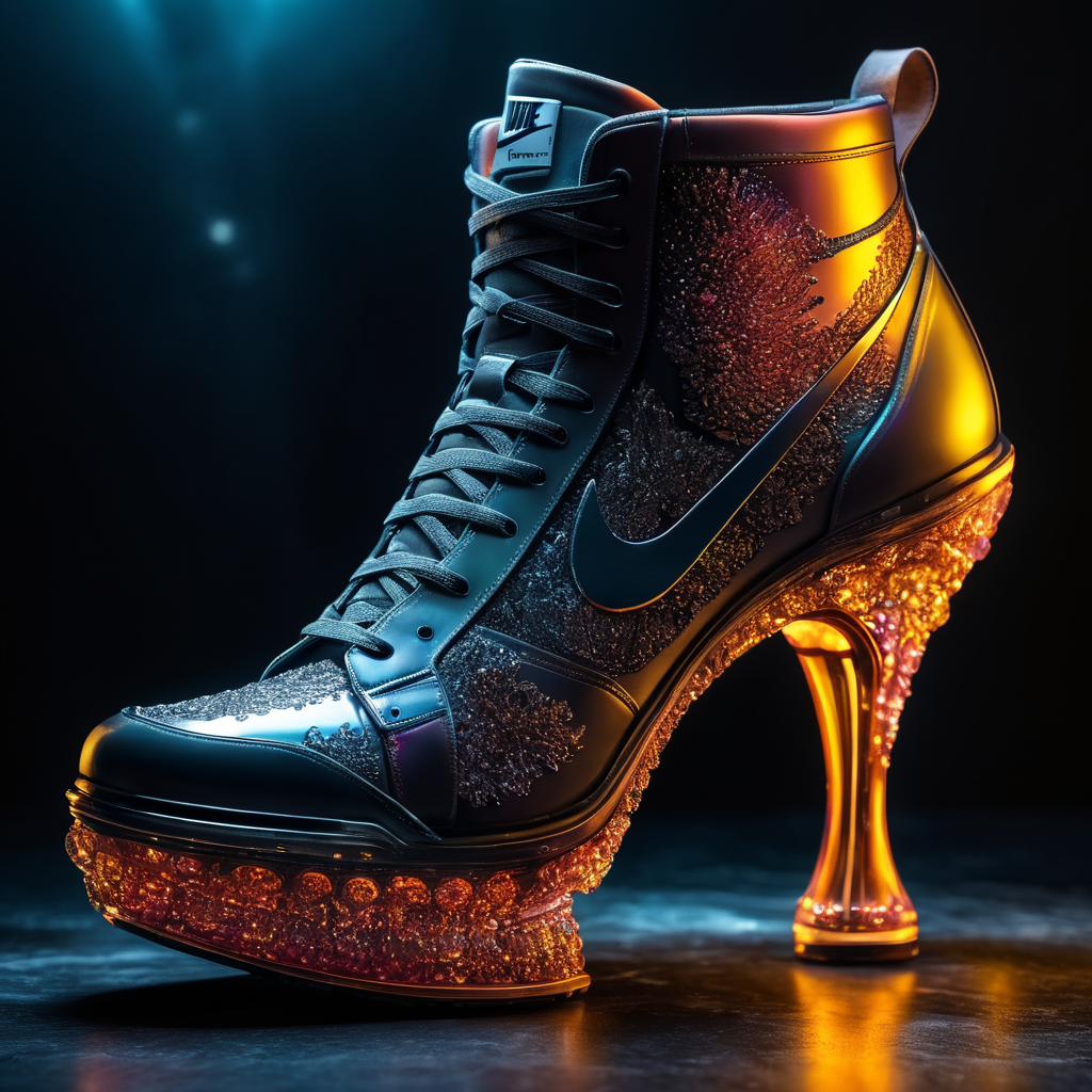 A stunning interpretation of nike sexy extreme high heel shoe sneaker, made of jellyfish, advertsiement, solarpunk, highly detailed and intricate, golden ratio, very colorful, hypermaximalist, ornate, luxury