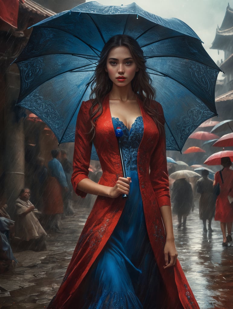 Девочка в красном платье держит синий зонтик
