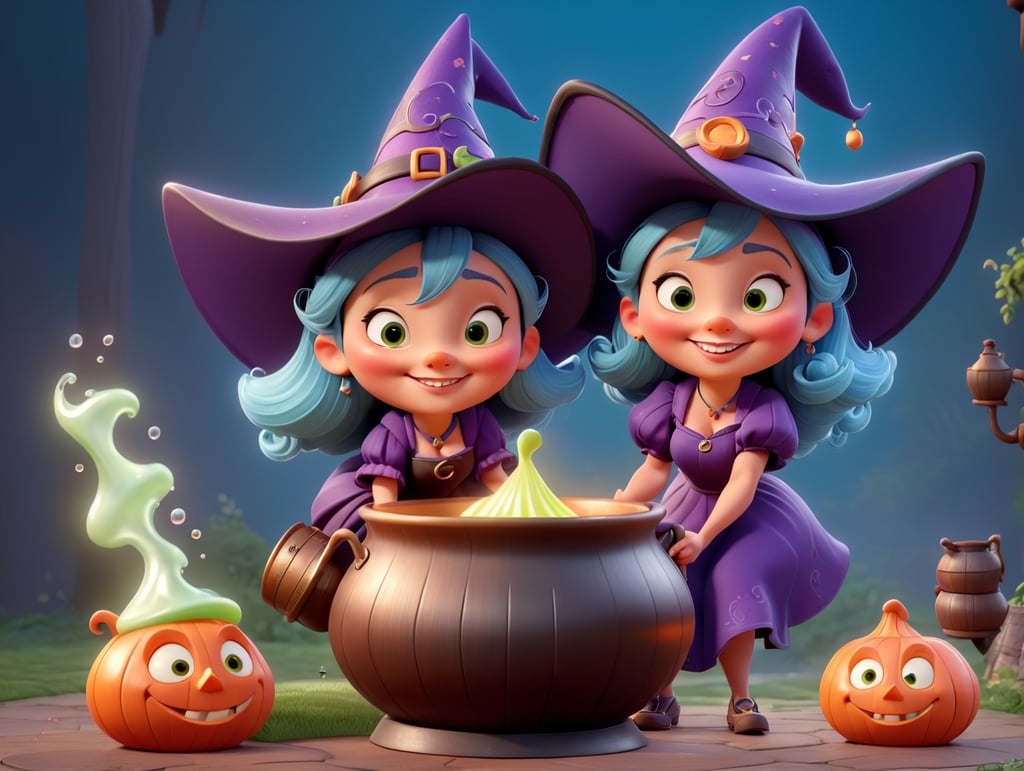 A charming and mischievous witch character in Disney Pixar style, wearing a pointy hat and holding a bubbling cauldron
