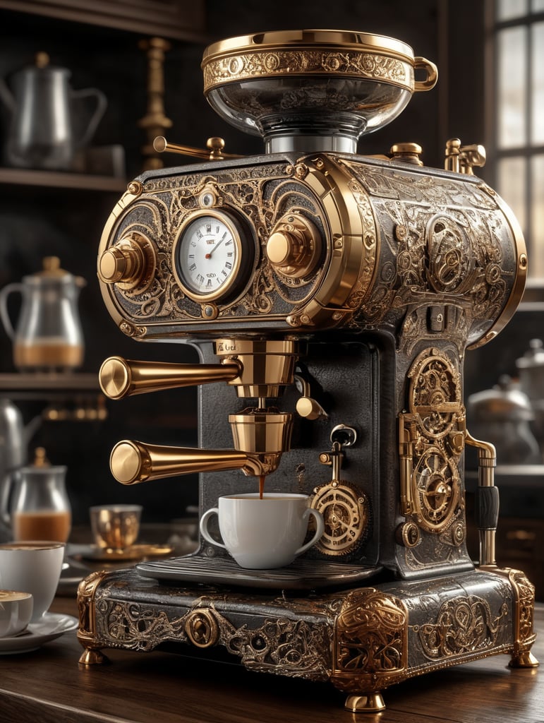Premium Free ai Images coffee maker made in steampunk style decorated with gold carved white