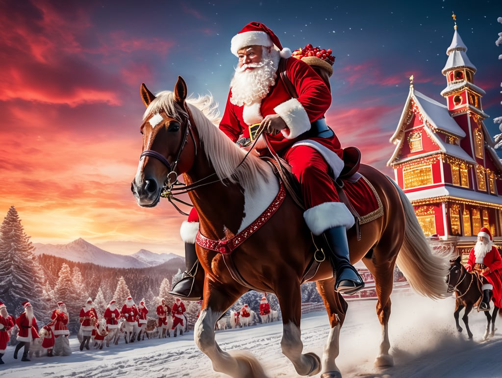Santa Claus Riding On Horse, Red Outfit, Saturated Colors, 4k Ultra detailed, Ultra wide