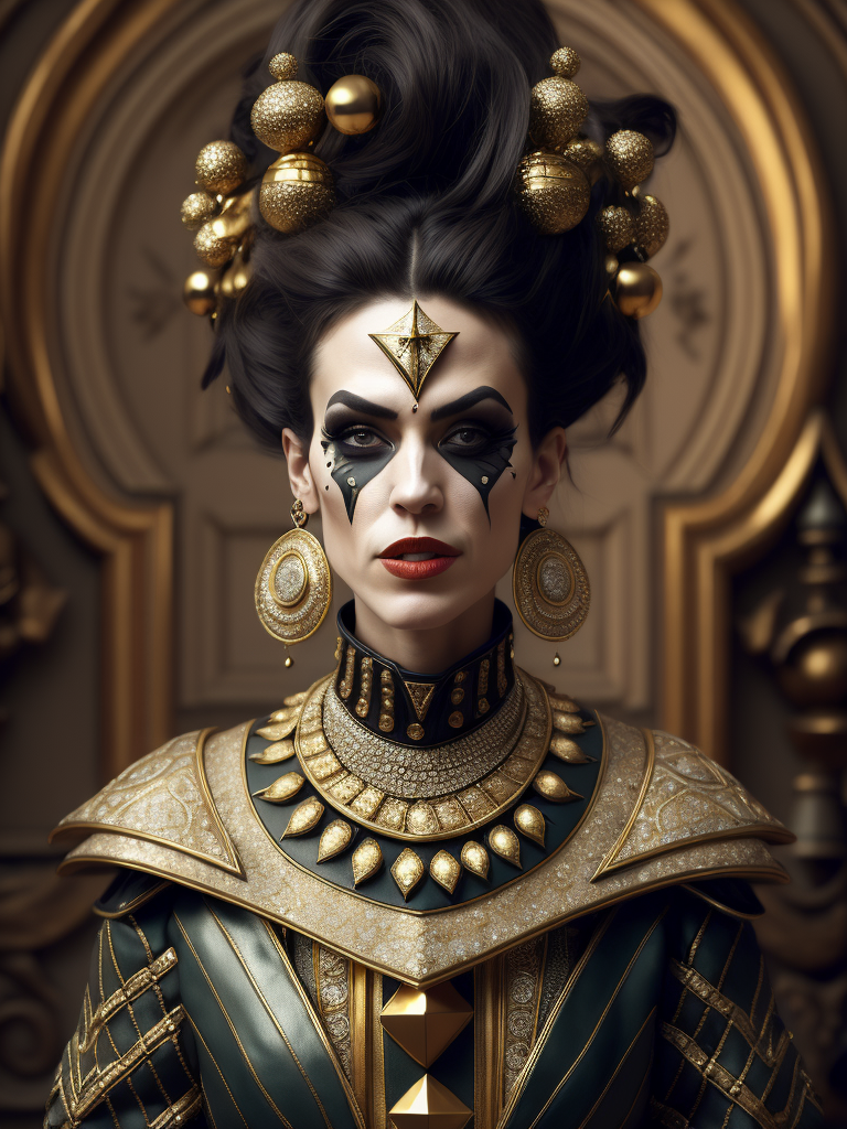 Epic portrait of tvenetian harlequin female clown in pastels and gold intricate embellishments and geometric patterns and designs, high definition, photography, cinematic, detailed character portrait, detailed and intricate environment, strong breeze, nevus under left eye, detailed and intricate environment