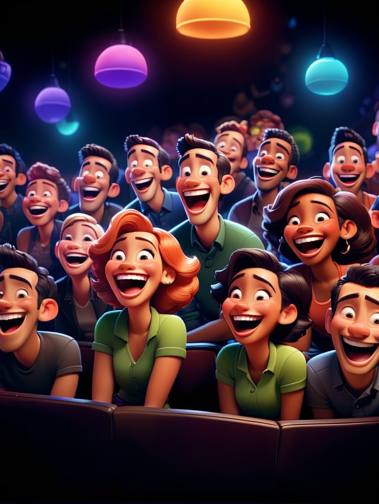 A group of diverse people laughing in a dark night club. Sitting down, looking at the stage. Camera from the perspective of the performer.Looking at the crowd from stage. +line-less vector illustration