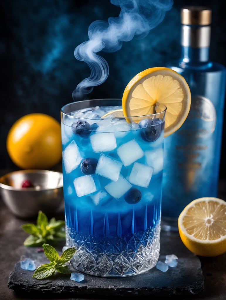 Cocktail blue mist with dehydrated fruit slices