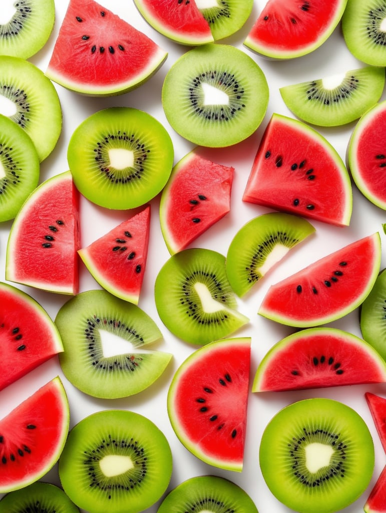 Colorful sliced fruit pieces, top view, watermelon, dragon fruit, kiwi, strawberry