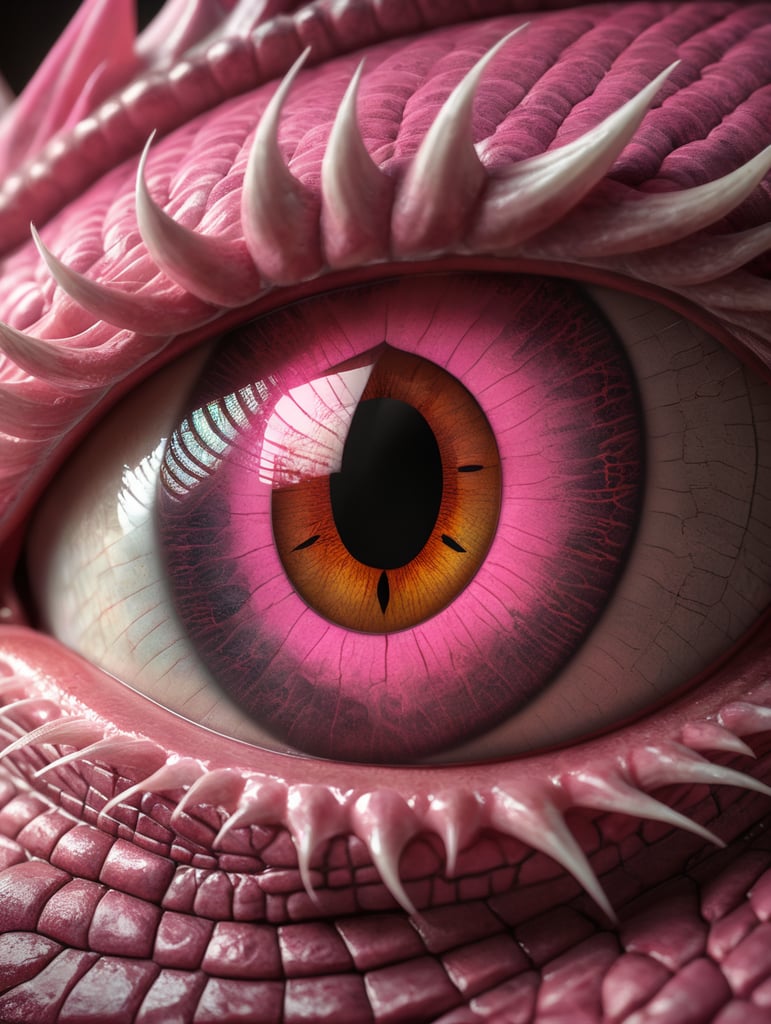 An upclose 3d realistic single pink dragon eye with extreme detail