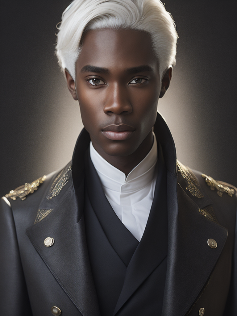 portrait of young man with black skin, short white hair, dressed in a tailcoat, intricate, elegant, highly detailed, digital painting, concept art, sharp focus, ultra realistic, Dramatic Lighting, Depth of field, Incredibly high detailed