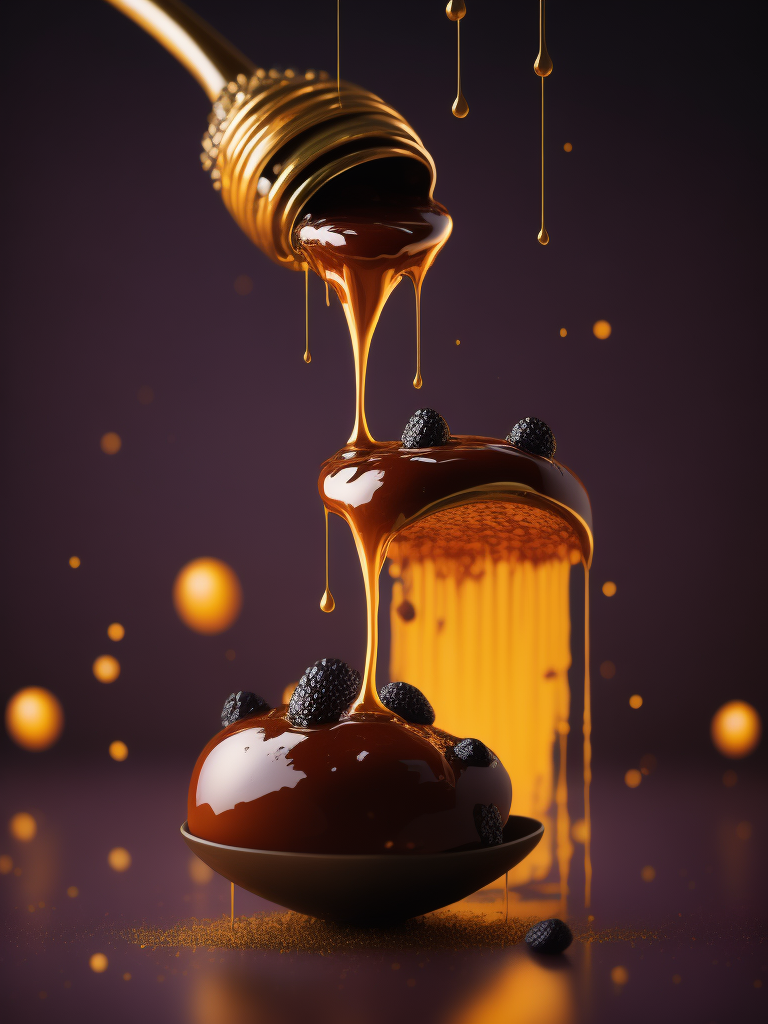 a photo of honey from the wooden spoon going down on the melted chocolate, deep purple background, deep atmosphere