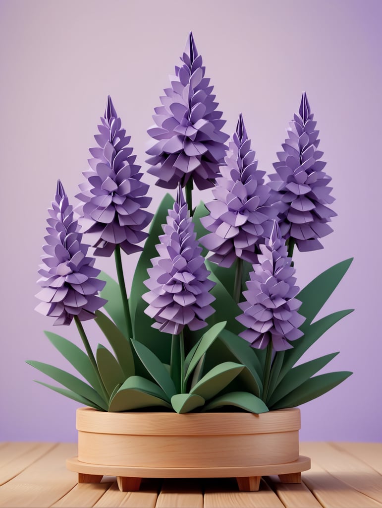 origami lavender flowers on a wooden stand on a lavender background