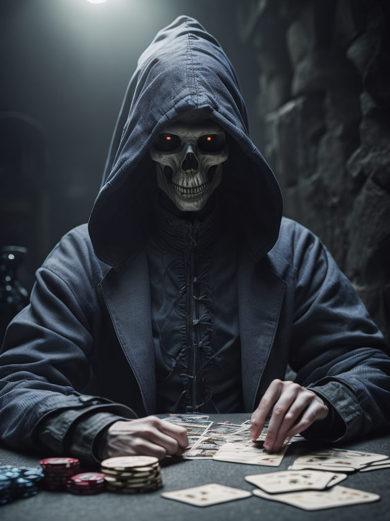skeleton in hooded cloack, death playing poker, scythe of death in background, looking at the camera, poker table, poker chips, cards, money, scary, creepy