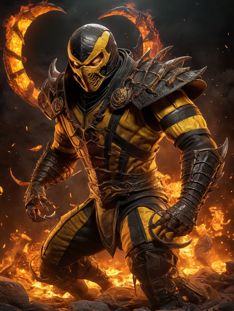 Scorpion from Mortal Kombat, cartoon style, fire, dead