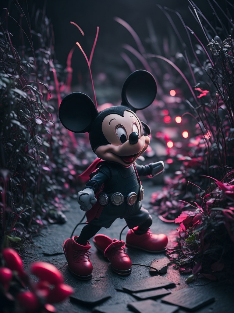 Too many mickey mice, a supert hero, neon garden, ultra realistic