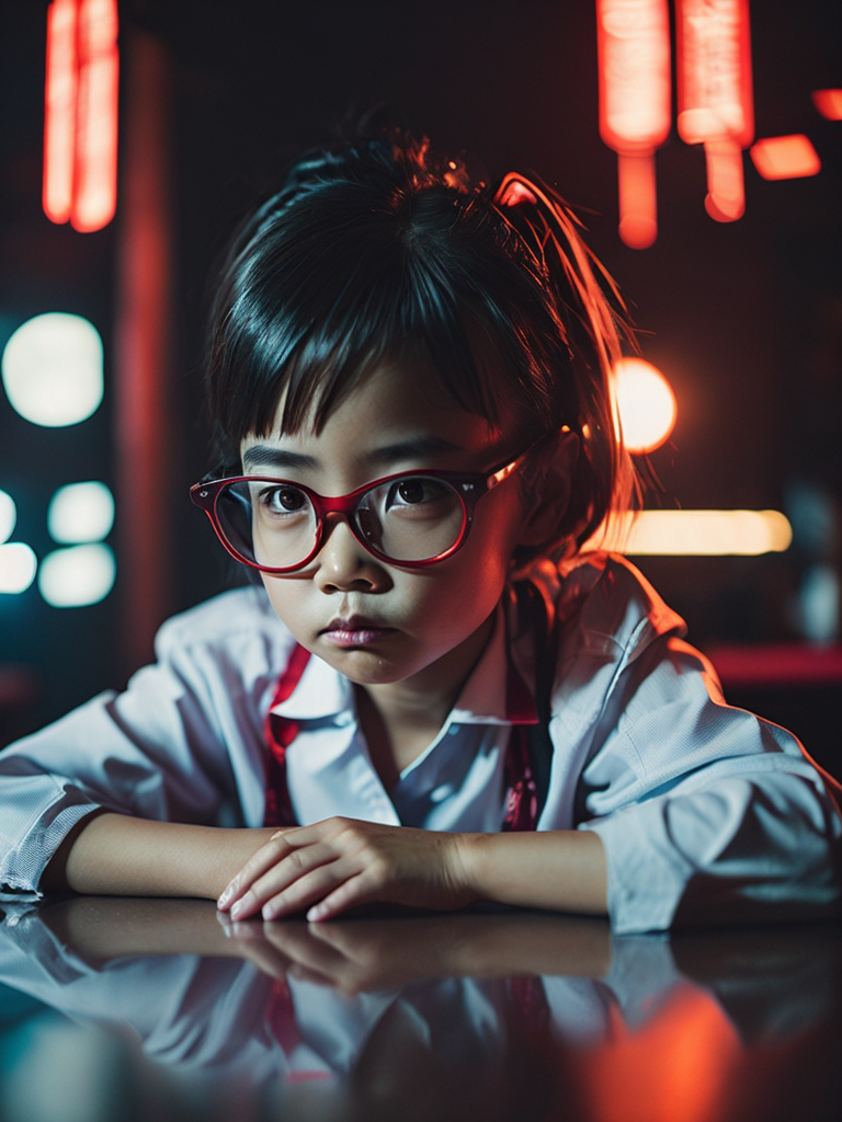 professional photo, portrait of an Asian girl 7 years old sitting in a night bar at the counter, face from the scary movie, red reading glasses, school dress, dark bob hairstyle, red Chinese lights, focus on a girl, red lighting, low light, dark atmosphere
