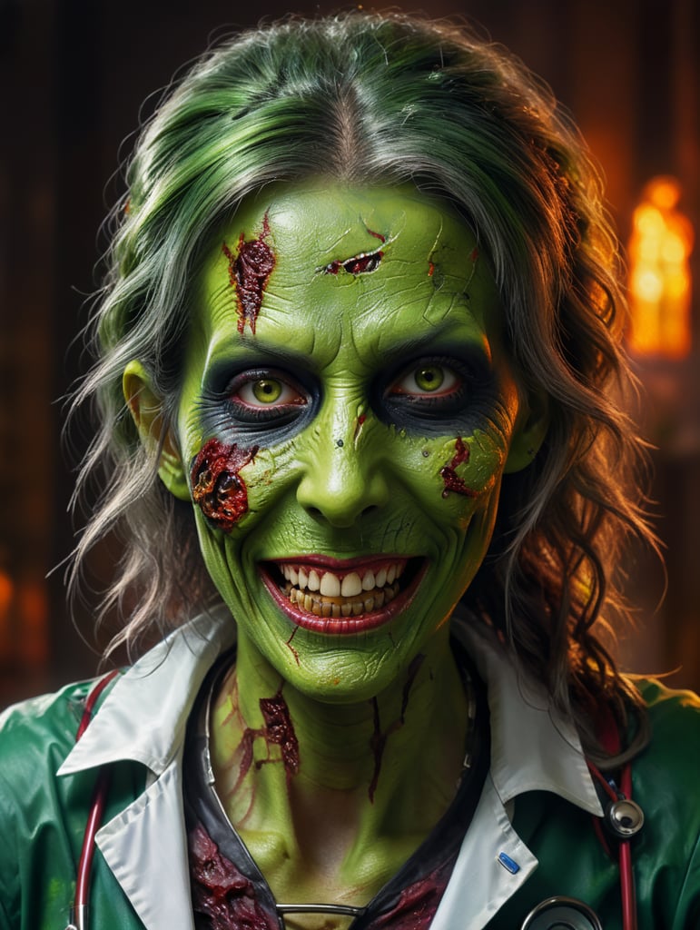Portrait of a female doctor as a skinny zombie with green skin, wearing a sexy Halloween costume, creepy smile, Vivid saturated colors, Contrast color