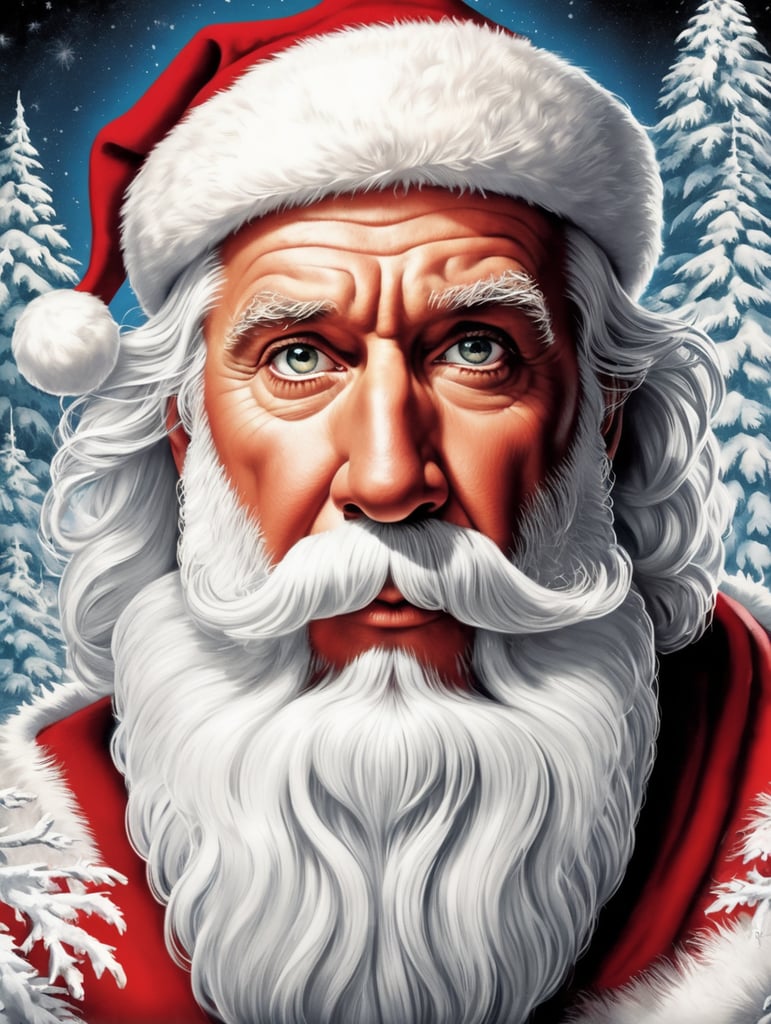 This artwork of the Santa Clause by George Wilson is an eye-catching poster-style drawing and illustration representing the iconic pulp style.