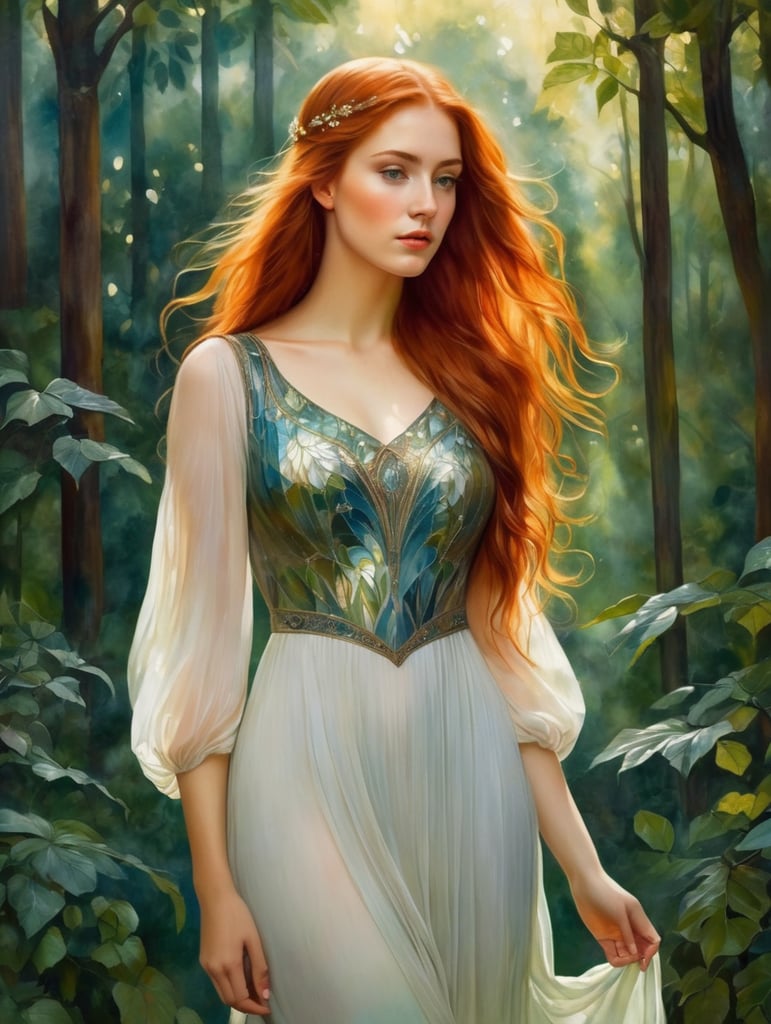 A red-haired young beautiful girl with long hair and a light dress against the backdrop of a dense forest, painting, oil, water color, Gouache, Stained Glass, style of Edward Burne-Jones
