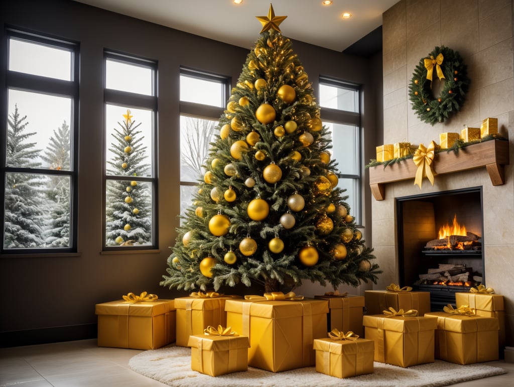 Premium Free ai Images | arvore de natal triangular decorada com bolas  amarelas com caixas de presente amarelas devera ter uma caixa de grandes  proporcoes ambiente de casa deve ser moderno arvore