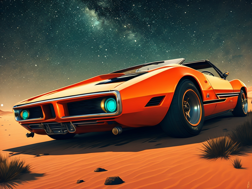 Retro Sports car in the desert at night, neon interior lighting, photorealistic, high definition, photography, cinematic, photography, starry sky background