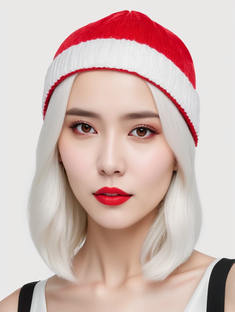 a young women with white hair and red hat on his head is wearing a white lacket, isolated, white background