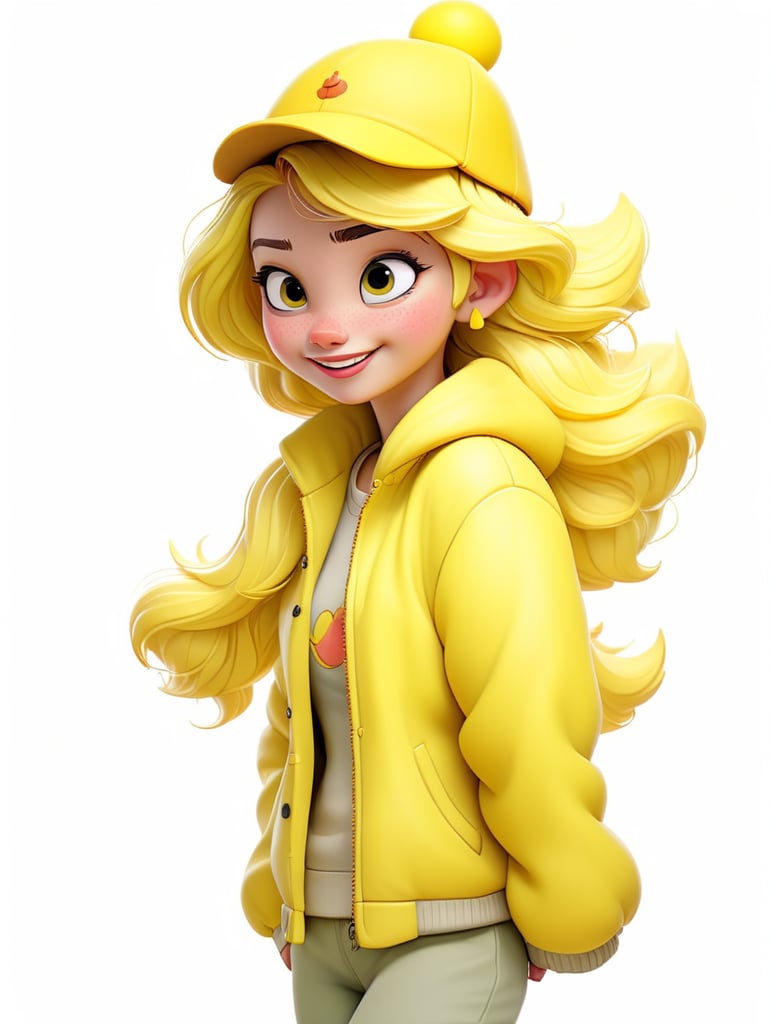 a happy young women with yellow hair and yellow hat wearing a yellow fluffy jacket, isolated, white background