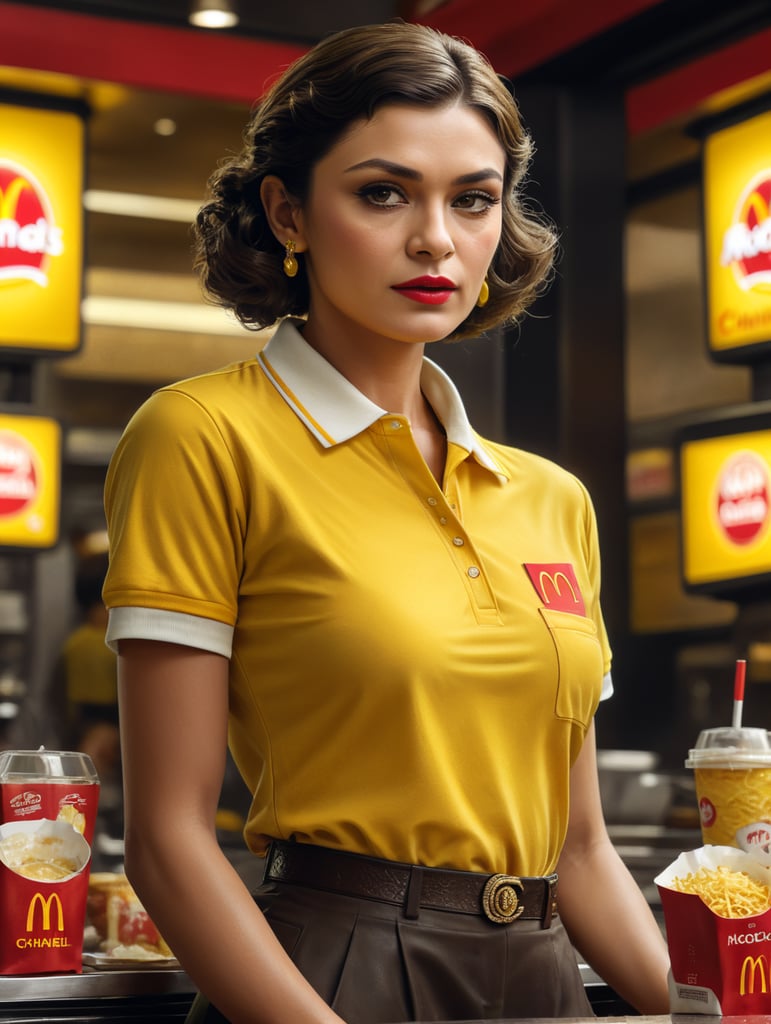Premium Free ai Images  coco chanel as mcdonalds worker totally