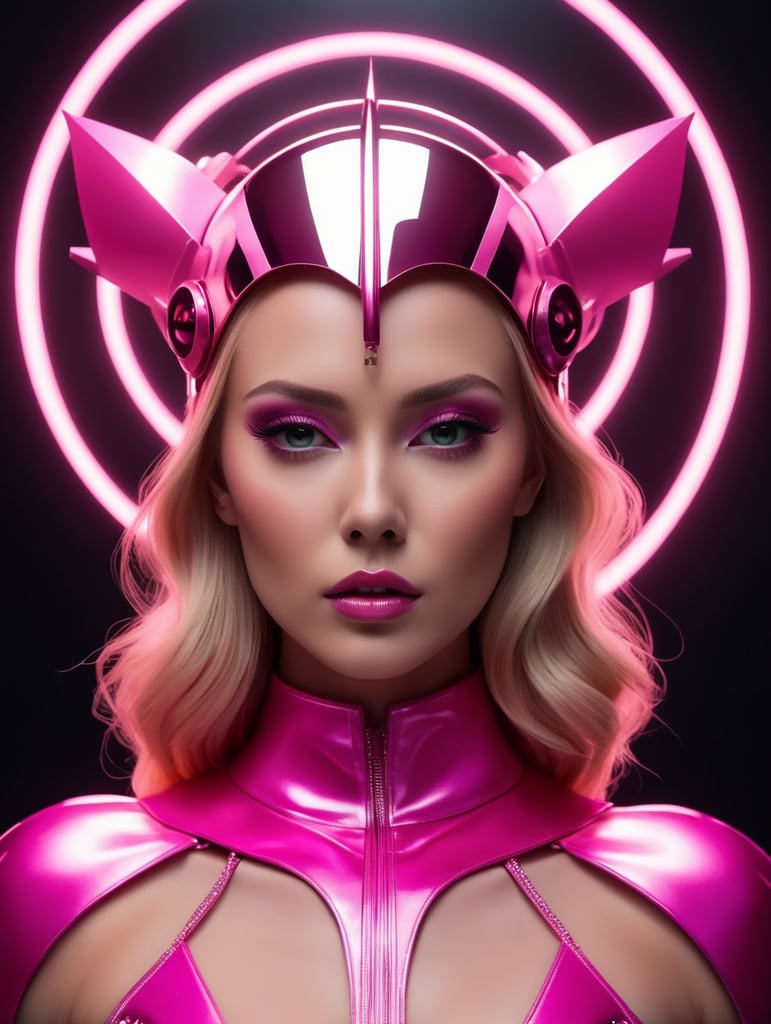 A beautiful blonde female pop artist all pink sleek futuristic outfit, with huge headpiece center piece, clean makeup, with depth of field, fantastical edgy and regal themed outfit, captured in vivid colors, embodying the essence of fantasy, minimalist