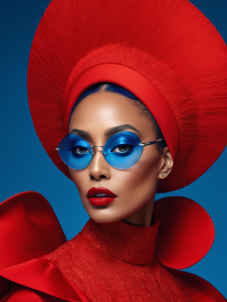 Donyale luna, 2023, avant-garde, simplyrgp, photo shoot spread, dressed in all red, blue background, harpers bizarre