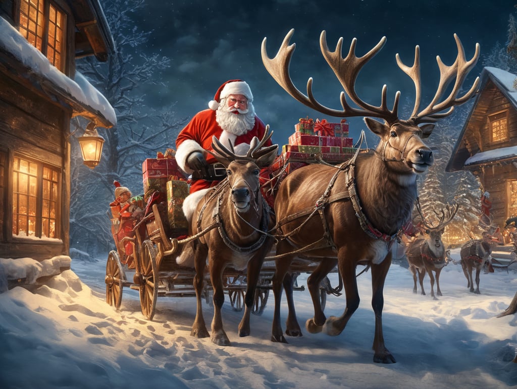 Santa Claus and his reindeer are delivering presents