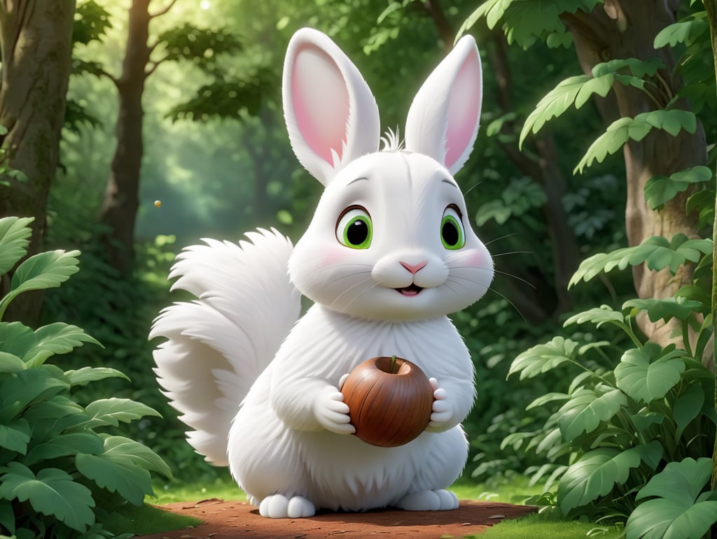 Cute white rabbit holding a nut in his hands in a green forest thick leaves lush trees nature scenery picturesque landscapes botanical beauty