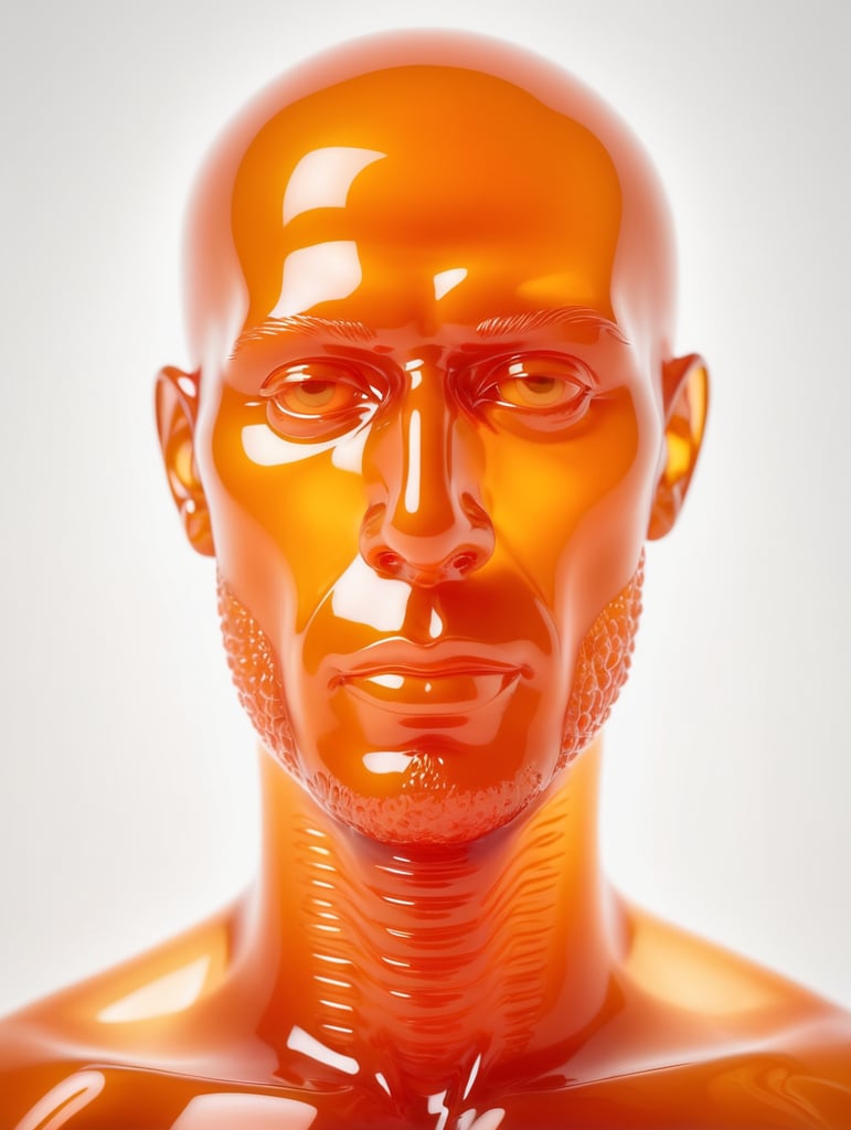 Portrait of a Translucent orange man made from the jelly, organs are visible through the jelly