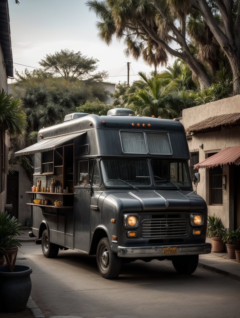 Premium Free ai Images dark grey vintage food truck standing in — free download