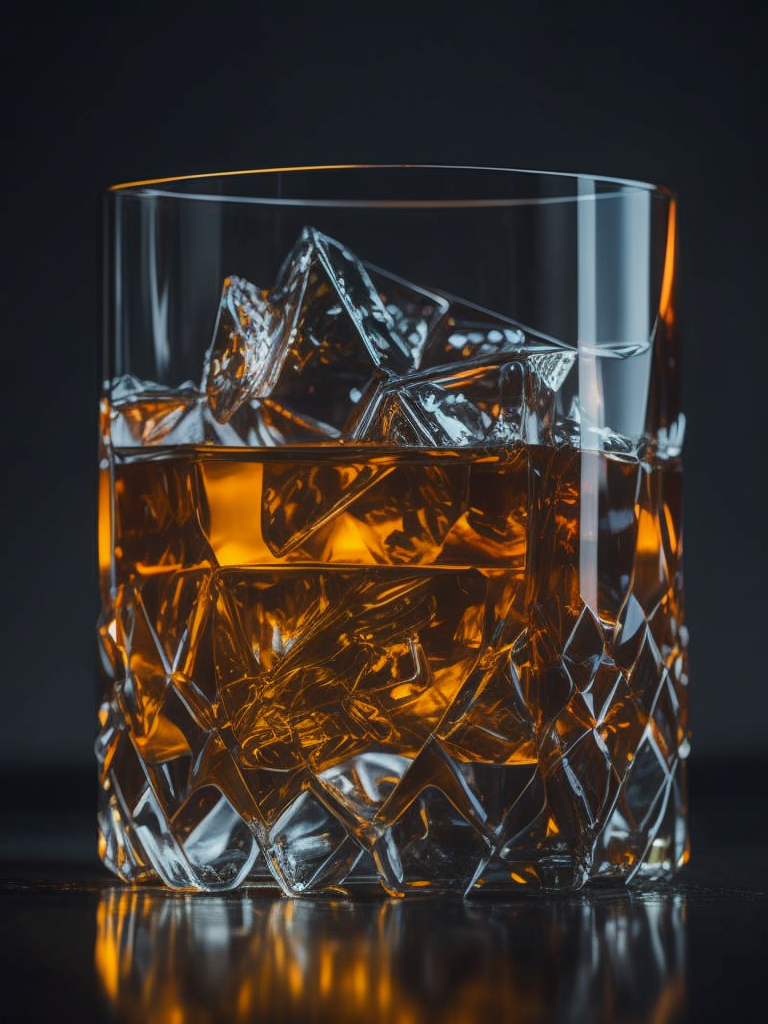glass of whisky with ice cubes, dark atmosphere, professional photo, amber lights