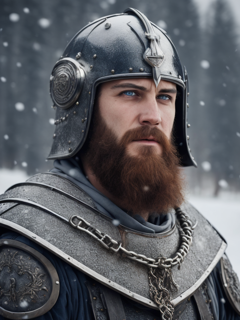 Premium Free ai Images  portrait of medieval slavic warrior with beard  wearing helmet and chain mail gray blue eyes face stained with blood  against the backdrop of winter landscape
